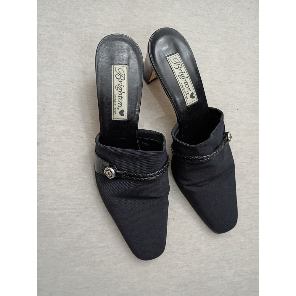 Brighton Quest Black Fabric Mules Square Toe Block Heel Braided Strap Italy 8M